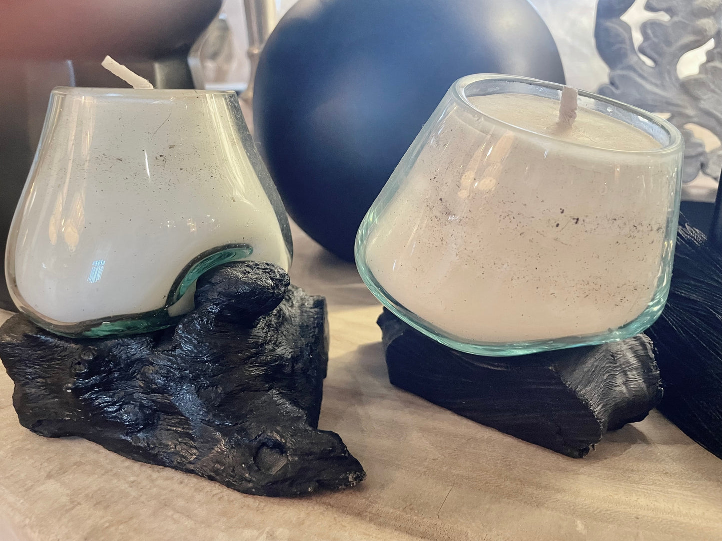 Blown Glass Candles on Black Wooden Base