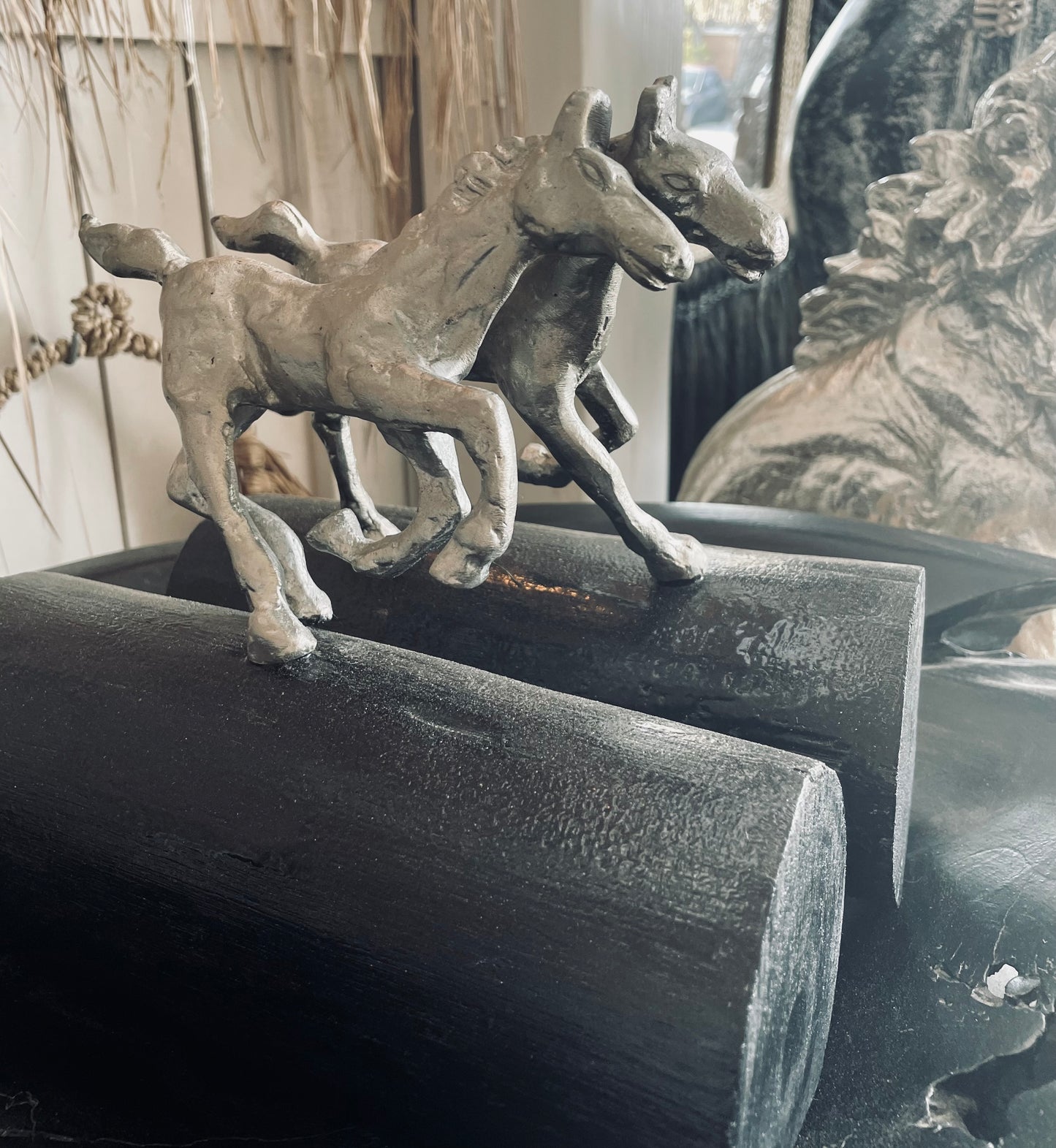 Silver Horses on Wooden Base