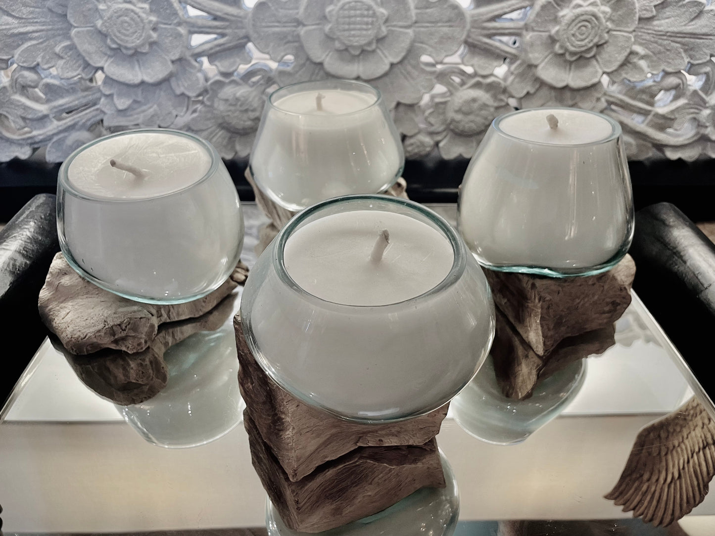 Blown Glass Candles on Natural Wooden Base