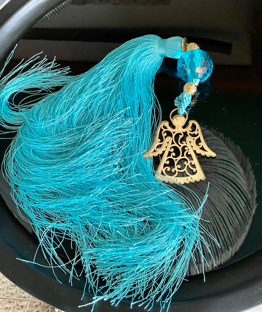 Lucky Charm with Gold Angel , Crystal and Blue Silk Tassel