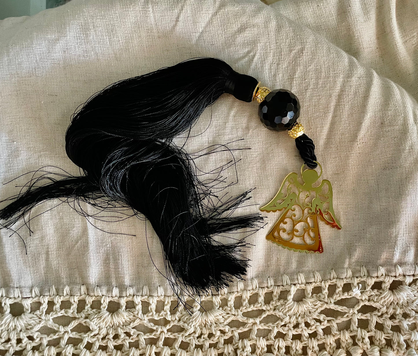 Lucky Charm with Gold Angel , Crystal and Black Silk Tassel