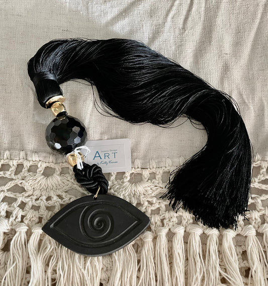 Lucky Charm with Black Ceramic Eye, Crystal and Black Silk Tassel