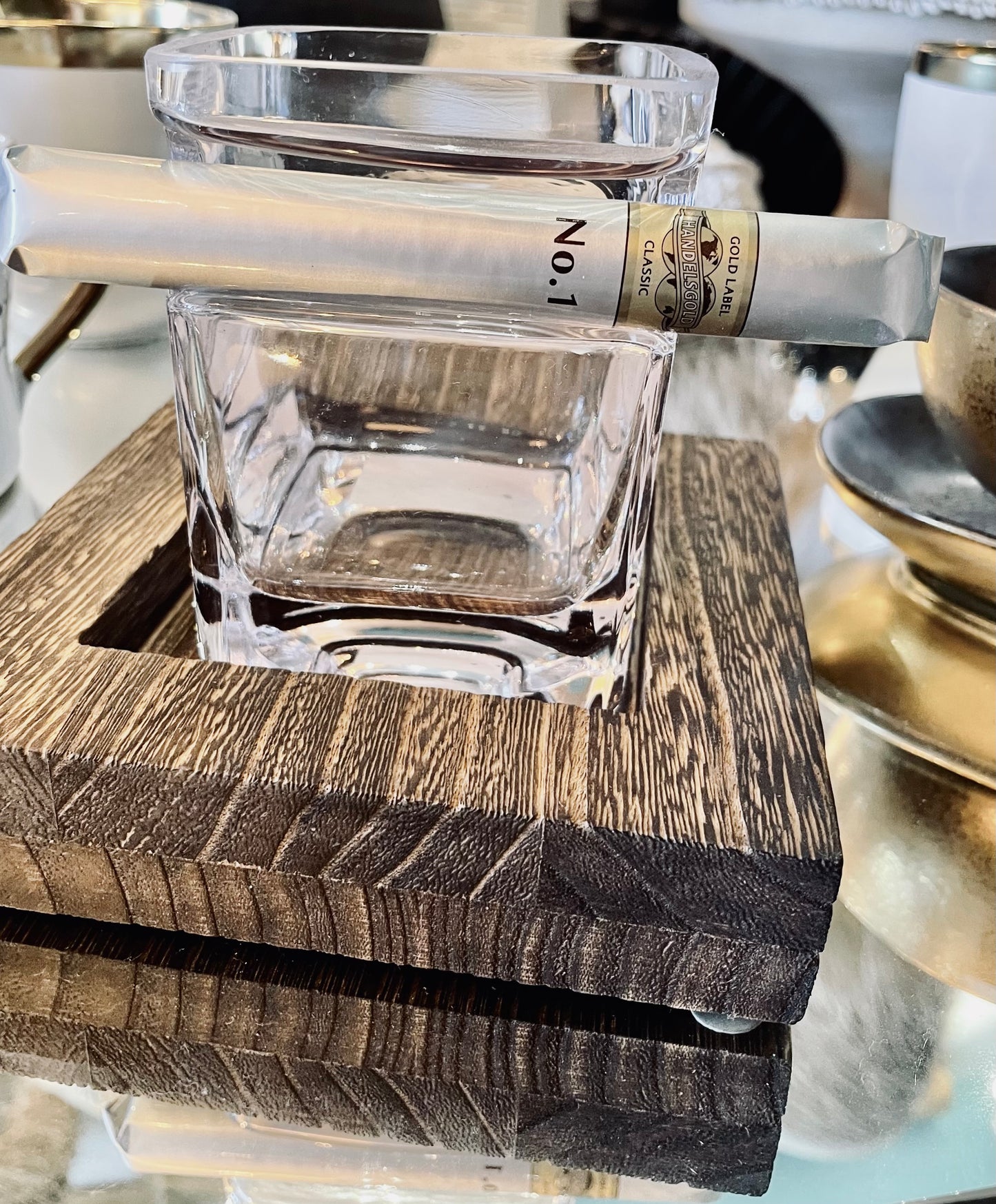 Whisky Crystal Glass on Wooden Base