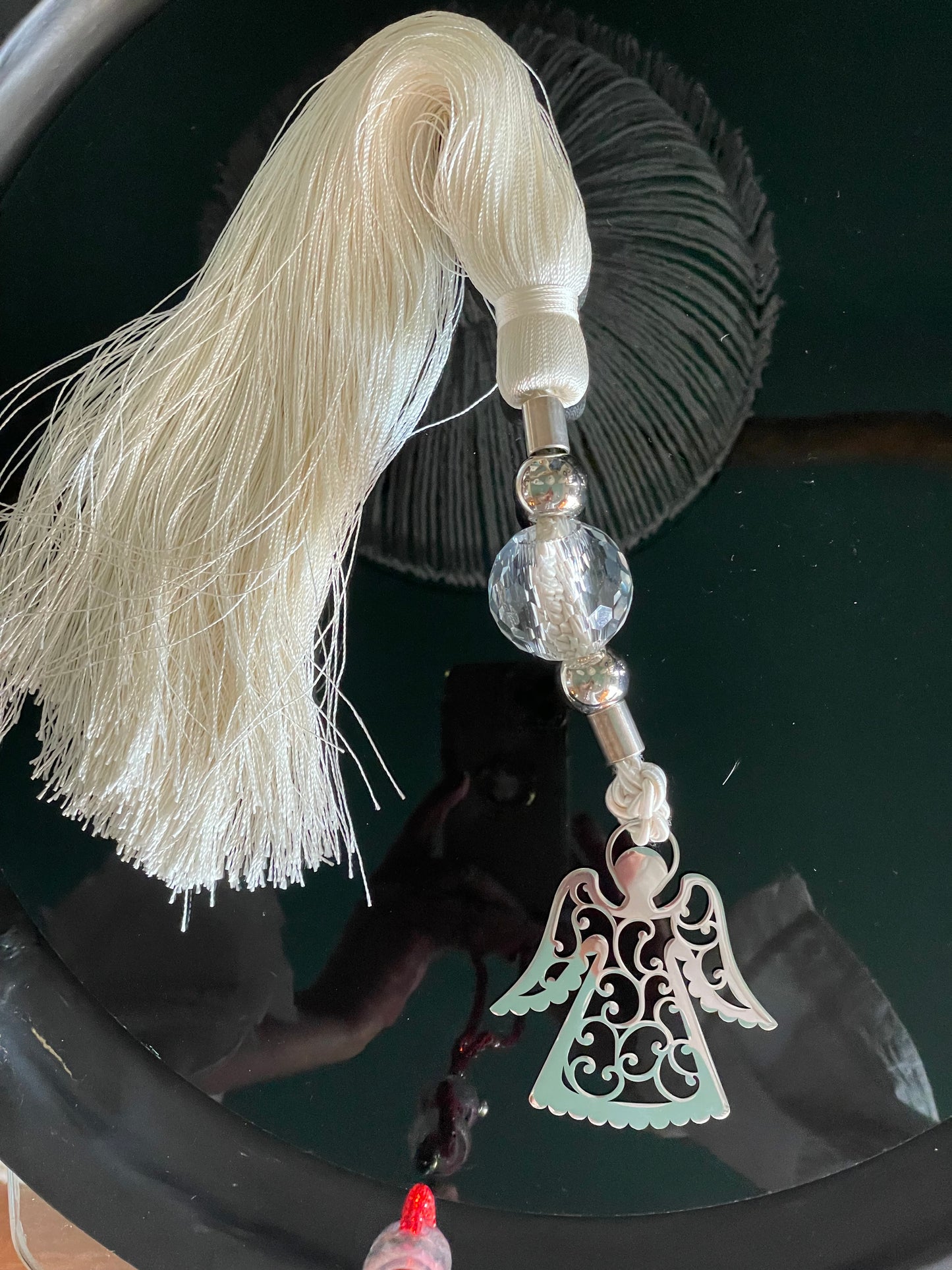 Lucky Charm with Silver Angel , Crystal and White Silk Tassel