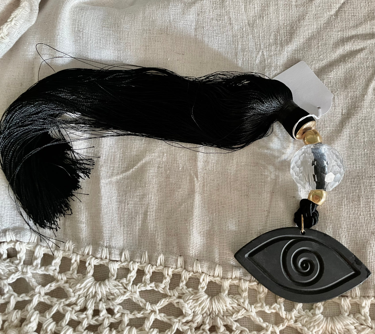 Lucky Charm with Black Ceramic Eye, Clear Crystal and Black Silk Tassel