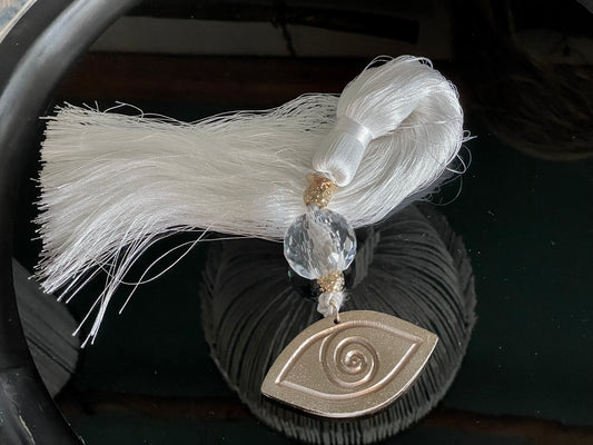 Lucky Charm with Gold Ceramic Eye, Clear Crystal and White Silk Tassel