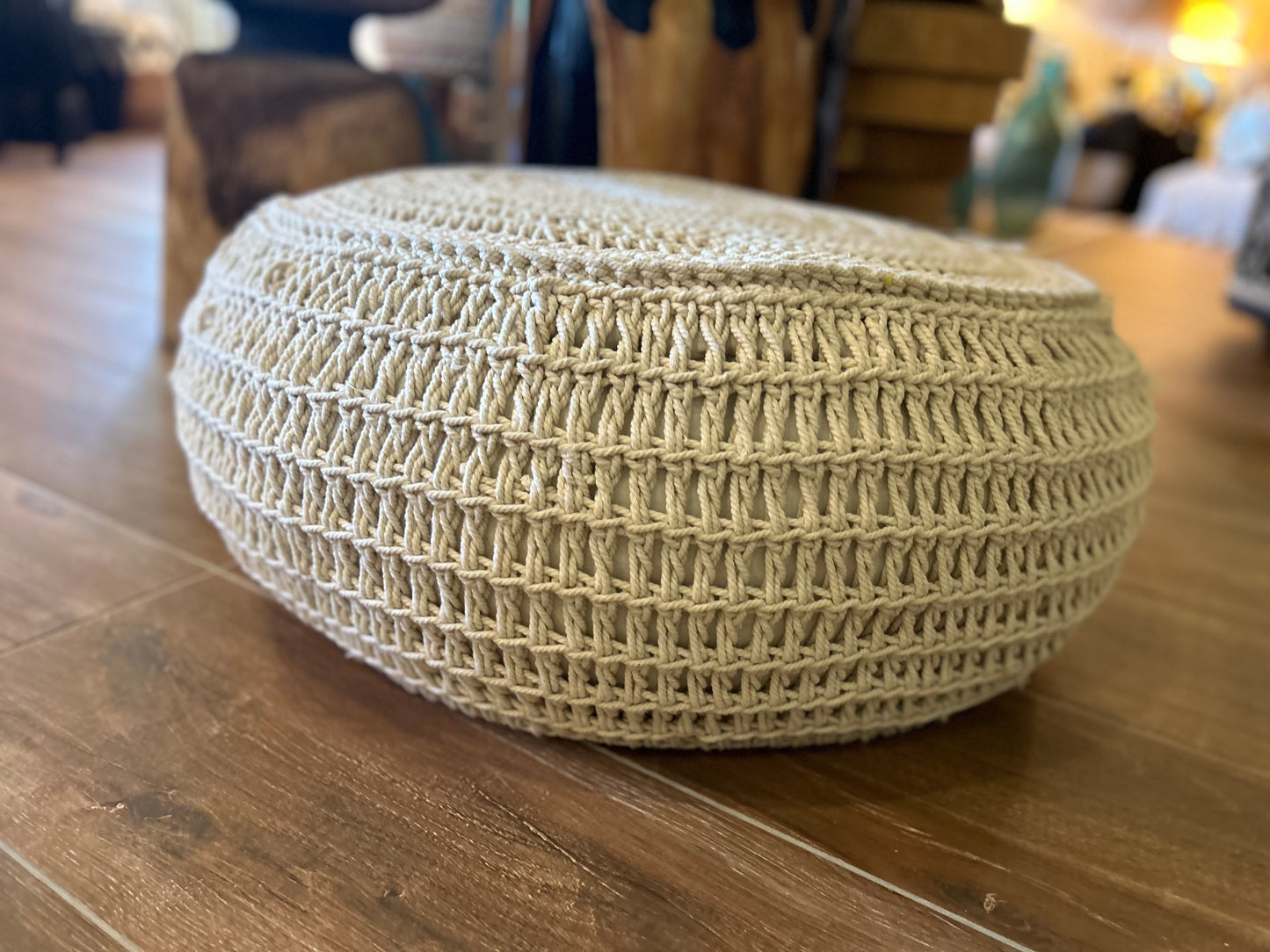 Handmade Macrame Round Ecru Pouf