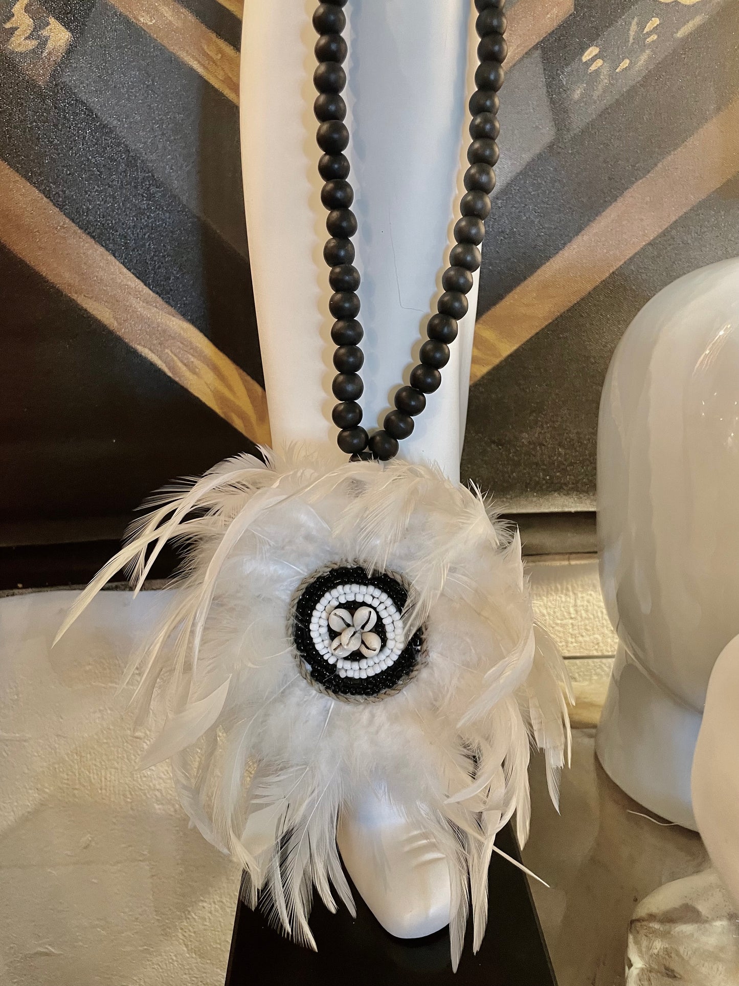 White Feather Necklace With Black Beads