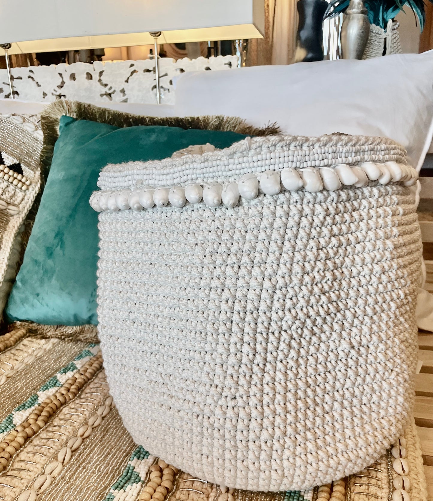 Handmade Macrame Basket with White Shells