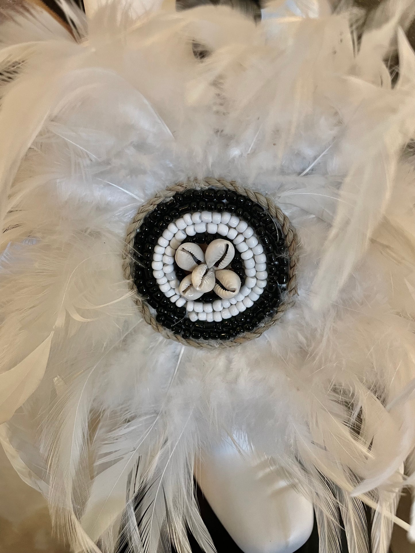 White Feather Necklace With Black Beads