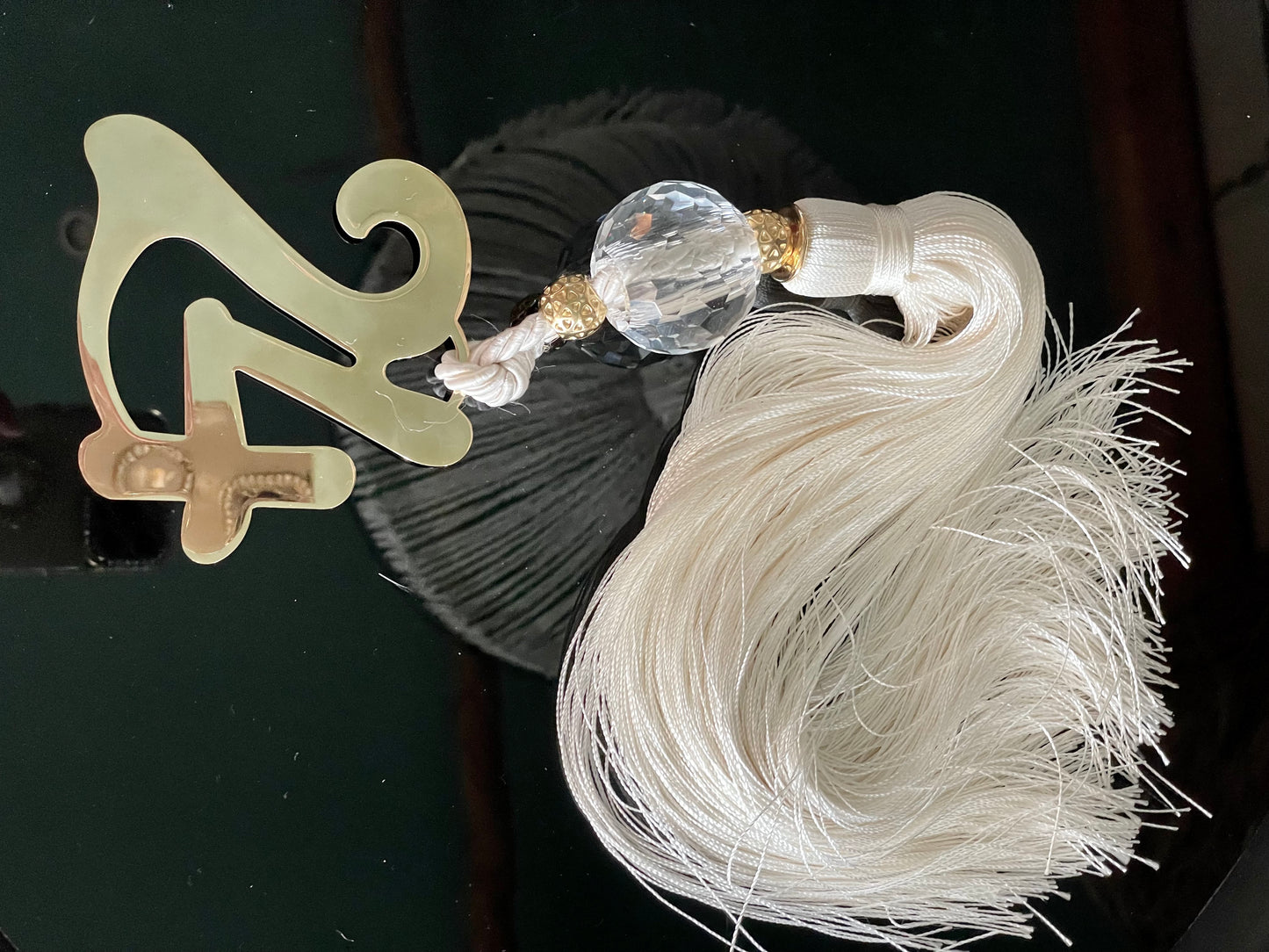 Lucky Charm with Gold 24, Crystal and White Silk Tassel