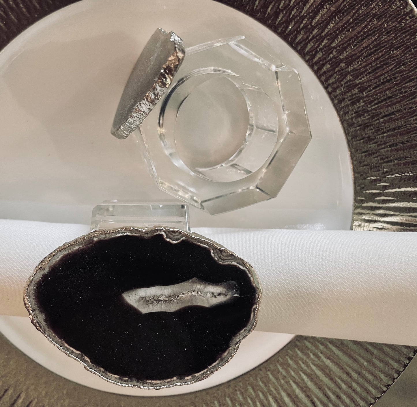 Crystal & Black Agate Napkin Rings Set of 2