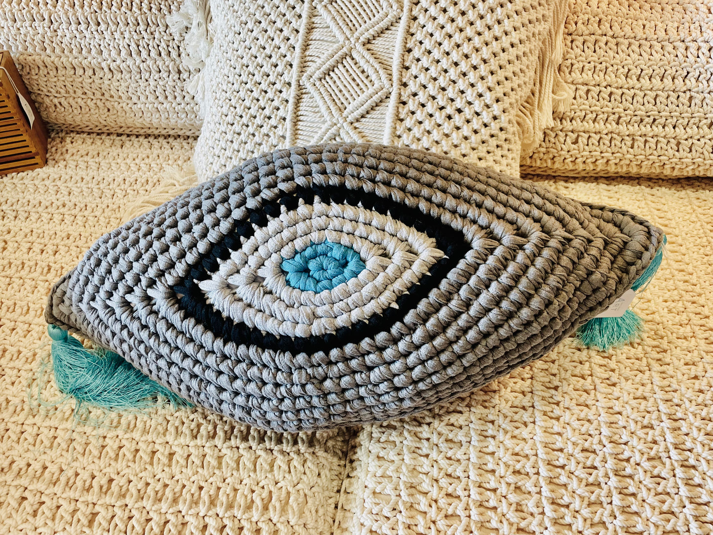 Handmade Macrame Grey Eye Cushion