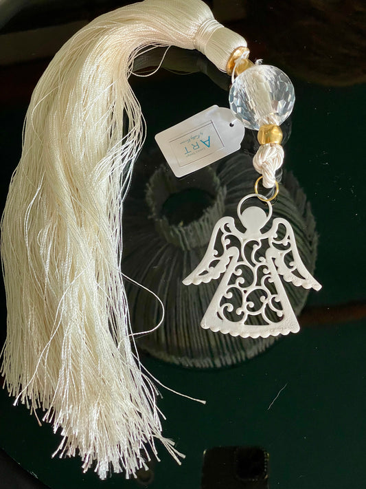 Lucky Charm with Gold Angel , Crystal and White Silk Tassel