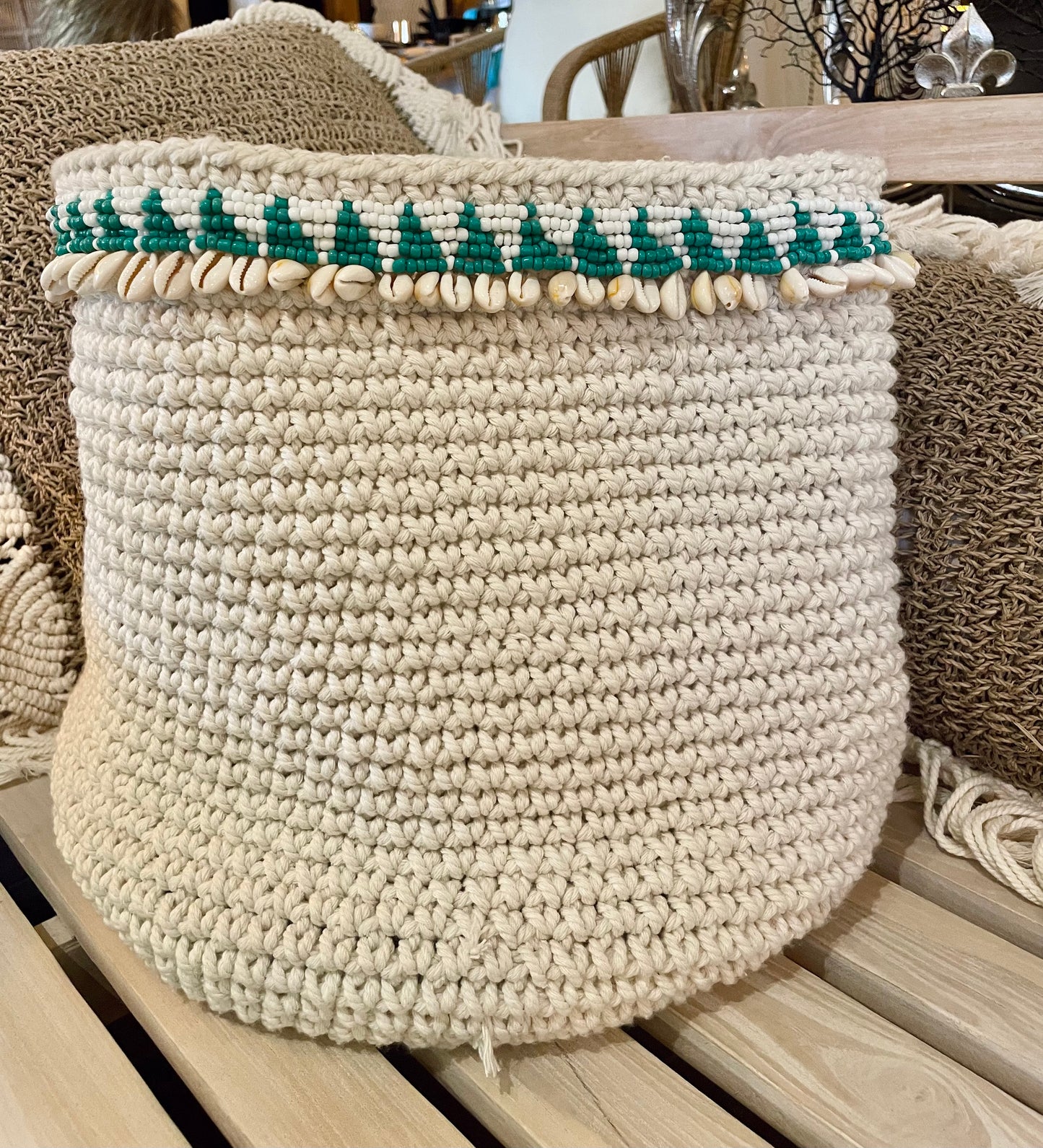 Handmade Macrame Basket with Turquoise Shells