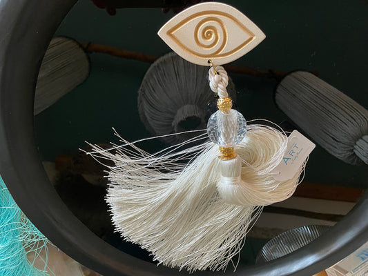 Lucky Charm with White & Gold Ceramic Eye, Clear Crystal and White Silk Tassel