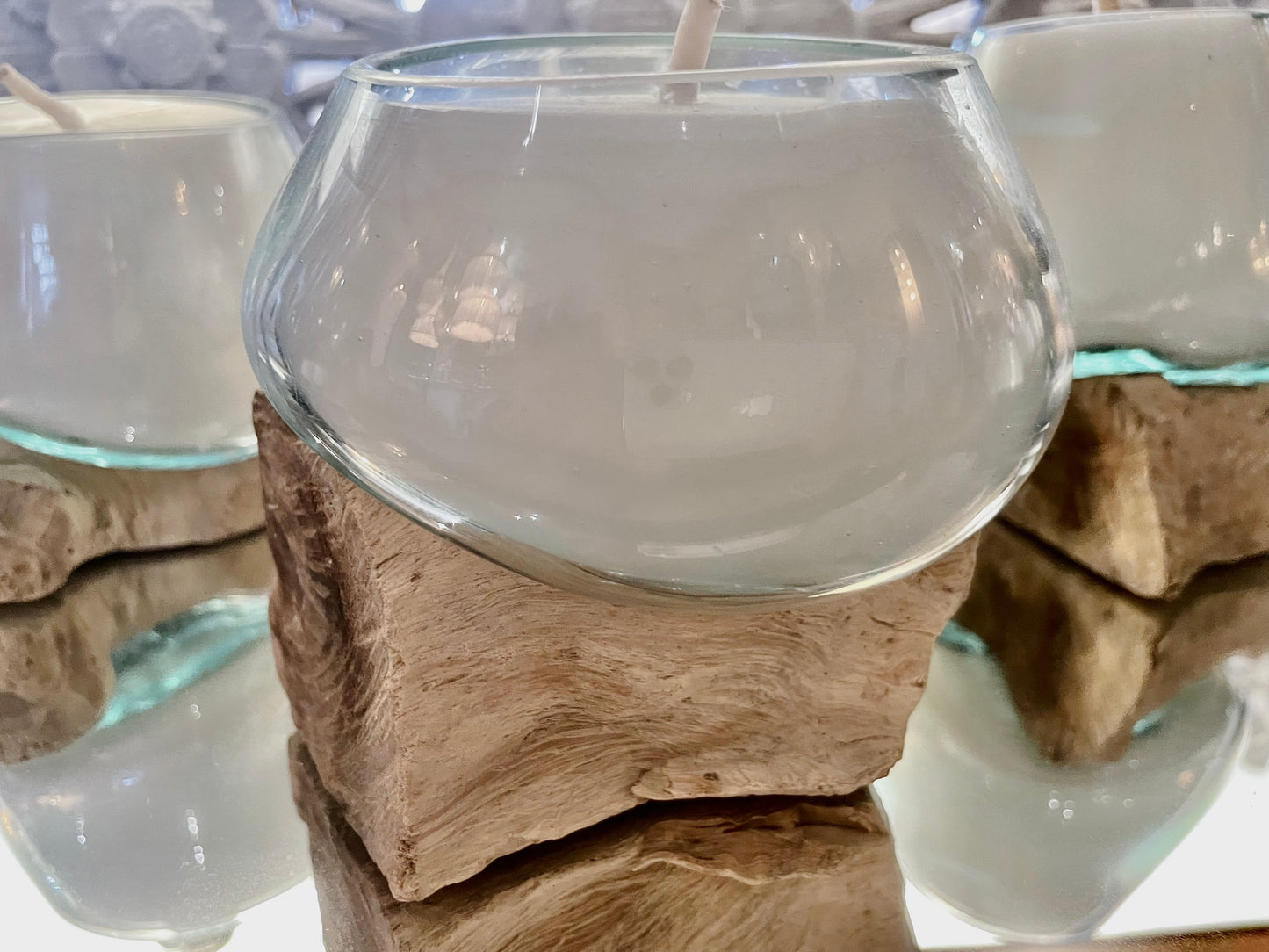 Blown Glass Candles on Natural Wooden Base