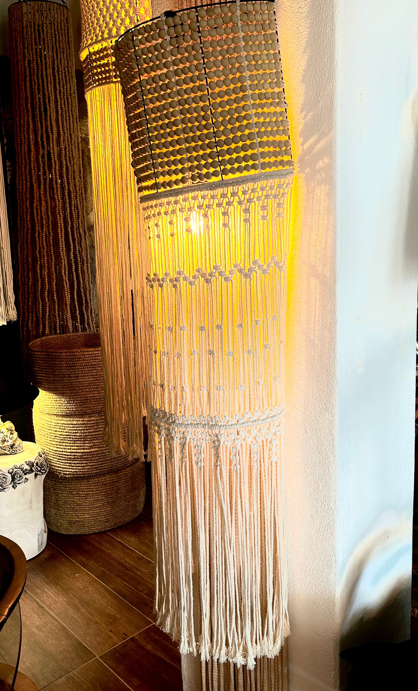 Macrame & Wooden Beads Wall Lamp