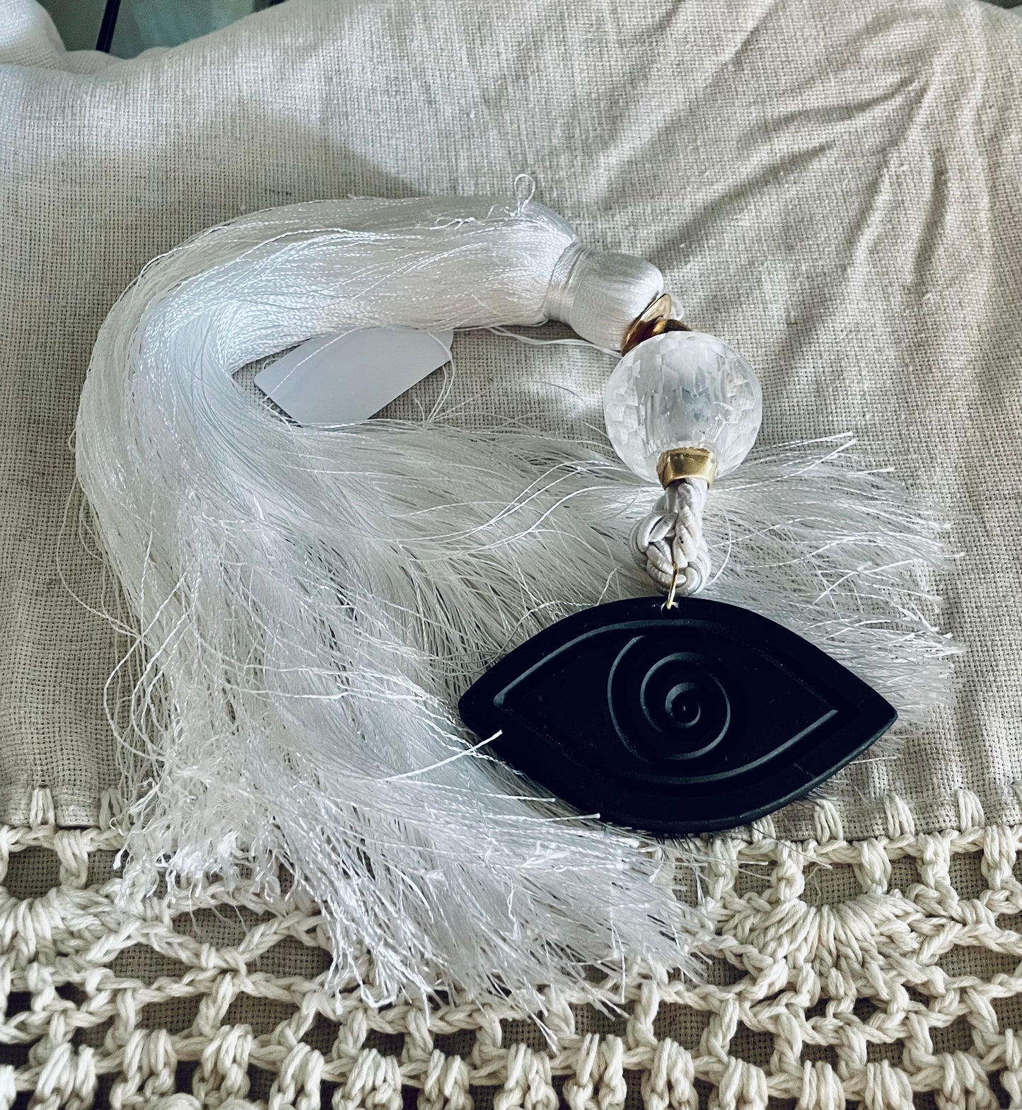 Lucky Charm with Black Ceramic Eye, Clear Crystal and White Silk Tassel