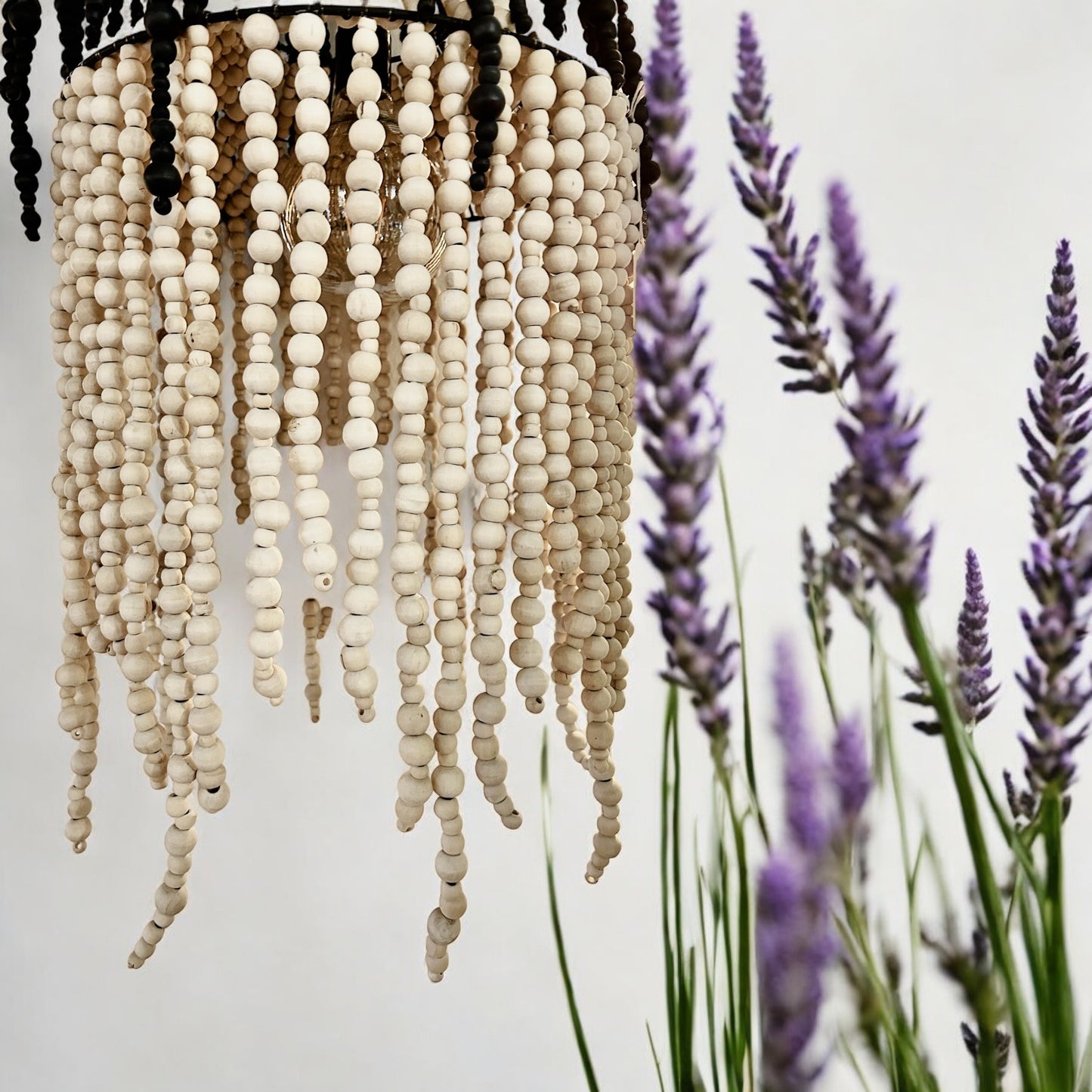 White Ceiling Lamp with Wooden Beads