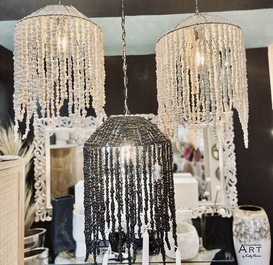 White Ceiling Lamp with Wooden Beads